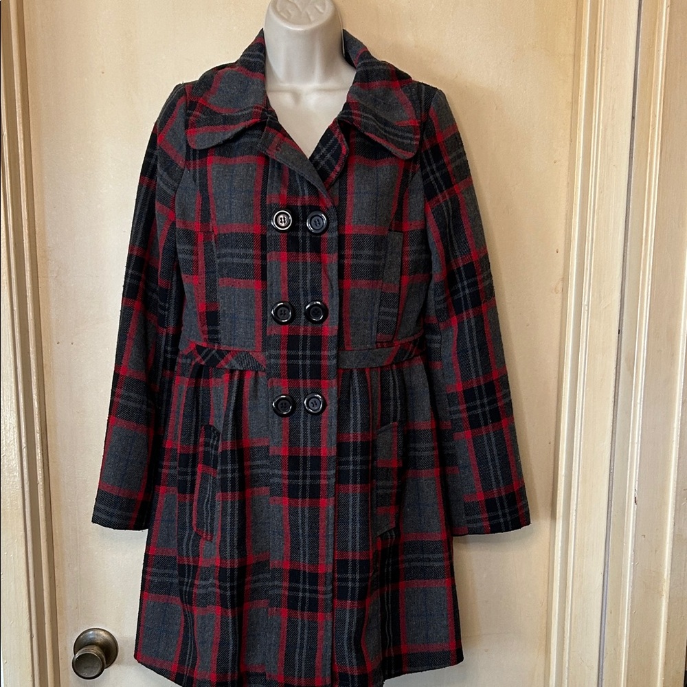 Moon Collection Red and Black Plaid Pea Coat size S